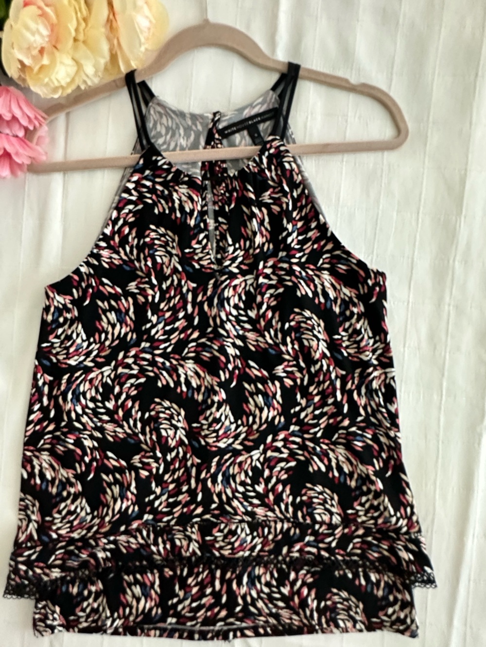 WHBM NWOT Black Halter Camisole with Pink & Cream Swirl Print & Drape Back!